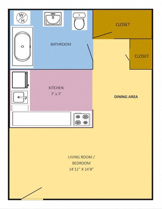 Studio-CSP Studio apartment floor plan with kitchen, bathroom, and two closets